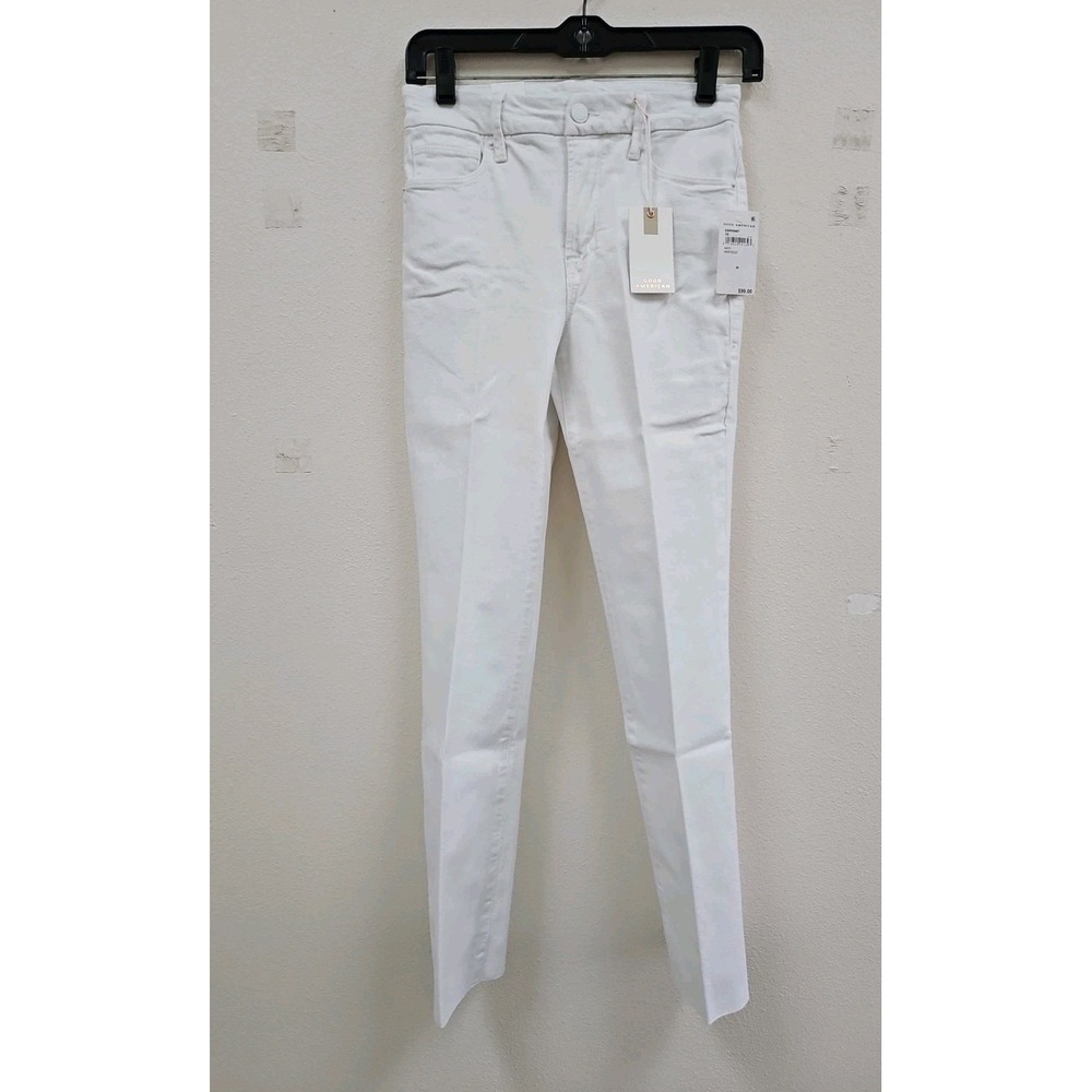 Good American High Rise Womens Straight Leg Jeans Sz 24 White Denim Raw Hem NWT